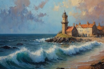 A dramatic coastal scene featuring a sturdy lighthouse perched on rocky cliffs beside charming seaside buildings, with crashing waves and stormy skies in the background evoking both beauty and power