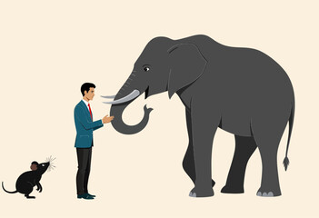 Obraz premium Illustration of a Man Interacting with a Large Elephant and a Mouse, Highlighting Contrast in Size and Unlikely Animal Companionship on a Simple Background