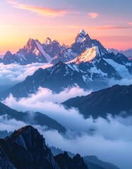 A majestic mountain range bathed in the warm hues of sunrise, with peaks piercing through a sea of fluffy clouds