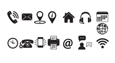 Set of contact information icons simple black glyph vector symbols for business cards isolated on wh