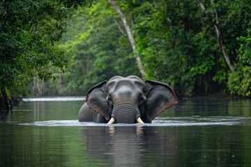 A majestic elephant gracefully navigates through a serene river, surrounded by lush greenery and towering trees, embodying the essence of nature's grandeur.