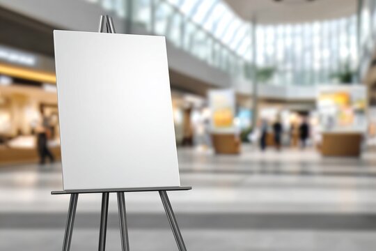 Blank vertical easel poster in modern indoor event space with blurred exhibition backdrop, ideal for conference signage, business presentation, or commercial promotional mockup. High quality