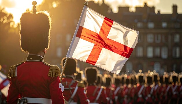 A line of uniformed soldiers parade with a white flag emblazoned with a red cross. Sunlight illuminates the scene, casting long shadows