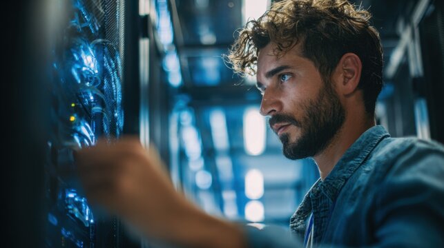 Focused Male Technician Operating Servers in Modern Data Center with Blue Lighting and Advanced Technology Equipment