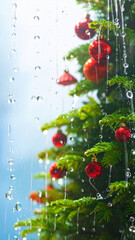 Stunning green Christmas tree with red ornament decoration and magical cascading water drop. festive holiday background