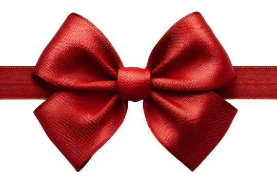 Realistic red bow and ribbon isolated on transparent background. Template for brochure or greeting card. Vector illustration.