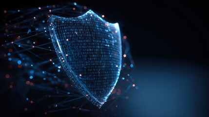 Digital shield symbolizing cybersecurity protection against threats and data breaches in a futuristic virtual landscape