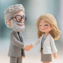 Two miniature figurines shake hands with warm confidence in a bright business setting. Their friendly gesture reflects a successful agreement and positive professional spirit.