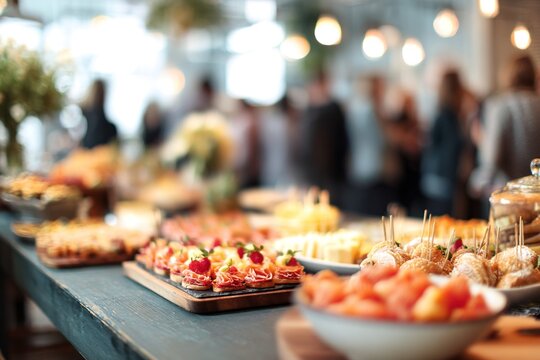 Blurred Corporate Catering Event: Delicious Food and Social Gathering. High quality