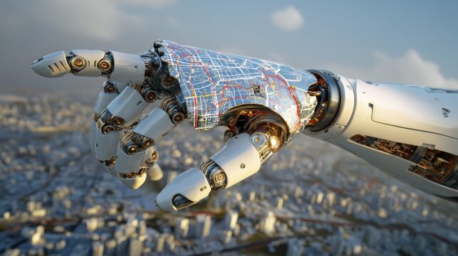 Futuristic Robot Hand with Urban Map Design Overlooking a Modern Cityscape in Bright Daylight