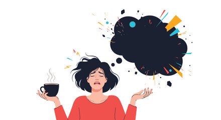 Overwhelmed woman with a chaotic thought bubble, holding a coffee cup, illustrating stress, burnout, and the need for caffeine to cope.