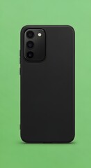 A modern black smartphone with a triple camera setup placed against a vibrant green background showcasing technology and communication devices