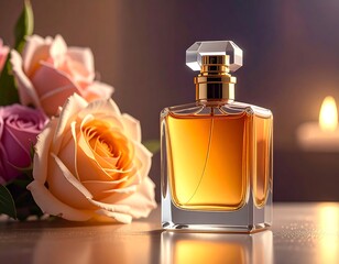A perfume bottle with a geometric cap sits next to a bouquet of roses. A candle glows softly in the background