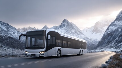 Modern bus traveling along scenic mountain road at dusk during winter landscape with snow-capped peaks in background