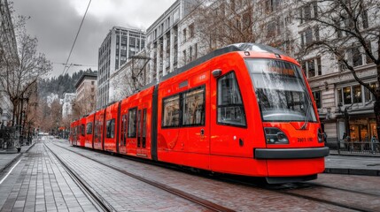 Bright orange tram on city street with vintage architecture and cloudy sky in urban landscape during cold season