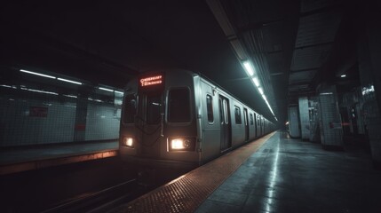 Urban Underground Subway Train Station with Dim Lighting and Empty Platform in the Evening Hours