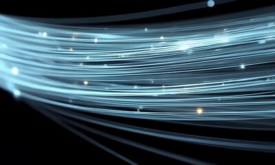 Abstract visualization of glowing blue fiber optic strands with warm light points conveying data transmission and digital network connectivity in a dark environment - Powered by Adobe