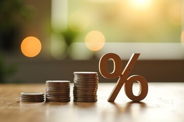 Wooden percentage sign beside ascending coin stacks, symbolizing financial growth or investment returns under warm sunlight.