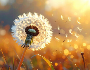 Hopeful white dandelion seed head blowing in soft wind during golden sunset. peaceful and serene nature background