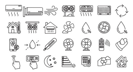 Set of air conditioning icons line art vector symbols for climate control isolated on white backgrou