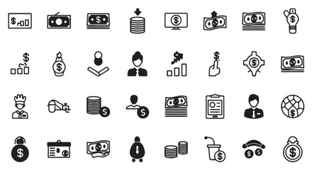 Set of finance and investment icons simple line art glyphs for business and banking applications
