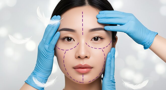 Face Plastic Surgery Dotted Lines Gloved Hands Woman