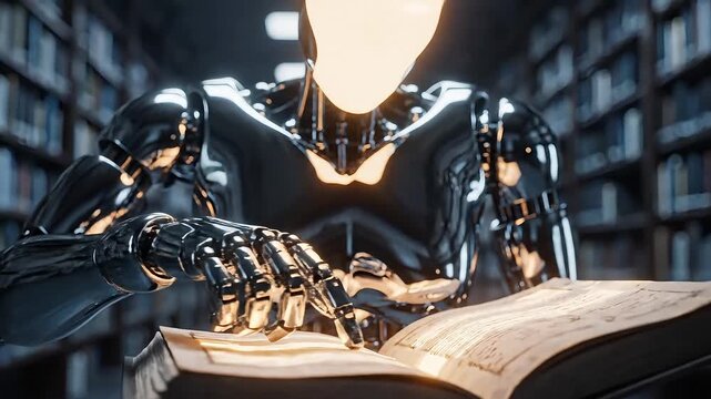 Futuristic learning concept with a robot reading an open book in a library, showcasing advanced AI and knowledge acquisition through technology