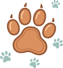 A large, detailed, brown animal paw print with glossy highlights and small claw tips, surrounded by four smaller, simple blue-green paw print silhouettes.