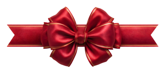 Realistic red bow and ribbon isolated on transparent background. Template for brochure or greeting card. Vector illustration.