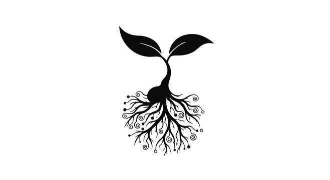 Symbol of growth and new beginnings, a sprouting seedling with intricate roots on a clean background