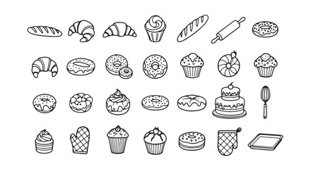 Hand-drawn bakery icon set vector illustration of baking goods isolated on white background