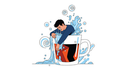 A distressed man, weeping inside an overflowing mug filled with water and abstract shapes, symbolizes being overwhelmed by emotions or a difficult situation.