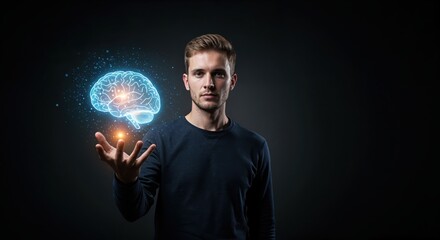 Mind over Matter: A man stands confidently, his gaze fixed as he holds a glowing representation of the brain, symbolizing the power of thought and intellect.