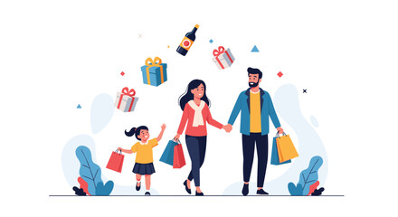 A joyful family of three, parents and daughter, walks with shopping bags, surrounded by festive gifts and a celebratory bottle.
