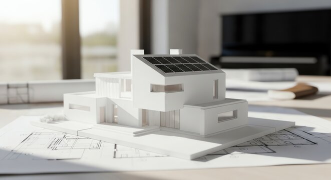 Architectural model of house with solar panels