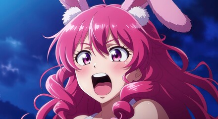 Pink-Haired Anime Character: An anime character with long pink hair and bunny ears, exuding energy and wonder, smiles warmly into the camera.