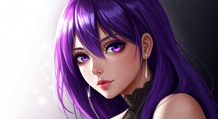 Naklejka premium Mystical Aura: Captivating portrait of a woman with vibrant purple hair and eyes, a study in delicate beauty and enigmatic allure.