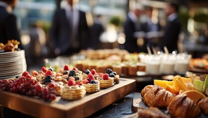 Elegant buffet spread features pastries, fresh fruits, refreshments. Food arrangement for corporate event, meeting, celebration. Business people in suits blurred on background, enjoying break during