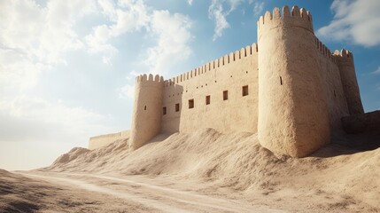 Omani Fort - Desert Rose Crystal: An ancient Omani fort, its mud-brick walls transformed into massive desert rose crystal formations