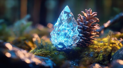 A real pinecone, partially transformed into crystal, emitting a soft blue light, resting on a bed of futuristic moss, macro focus