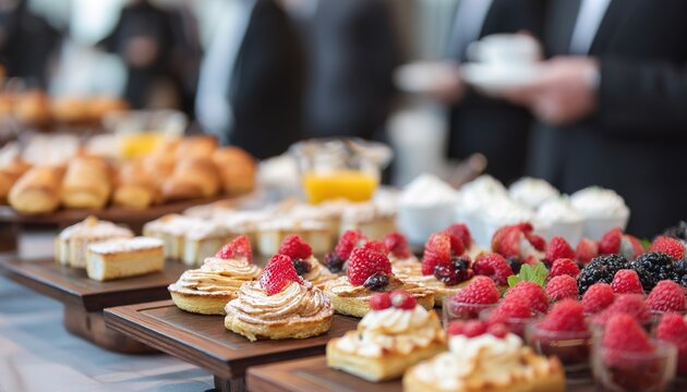 Elegant buffet spread features pastries, fresh fruits, refreshments. Food arrangement for corporate event, meeting, celebration. Business people in suits blurred on background, enjoying break during