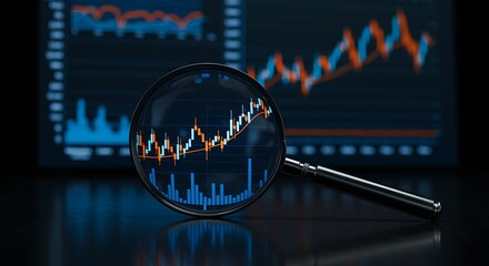 Magnifying glass over a stock market graph showing upward trend on a dark background finance trading