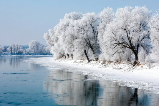 Frozen river with frosted trees on banks during winter