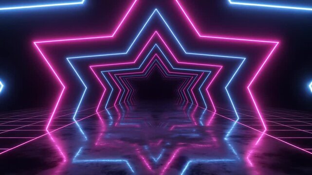Mesmerizing Infinite Tunnel of Glowing Neon Star Shapes with Reflective Floor