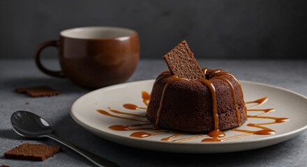 Chocolate Lava Cake with Caramel: A delectable chocolate lava cake sits on a plate drizzled with caramel sauce, alongside a cup of coffee, creating an image of indulgence and gourmet enjoyment. 