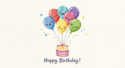 Celebratory Balloons and Cake: A whimsical birthday scene, featuring cheerful, smiling balloons floating above a colorful cake, embodies the spirit of joy and celebration.