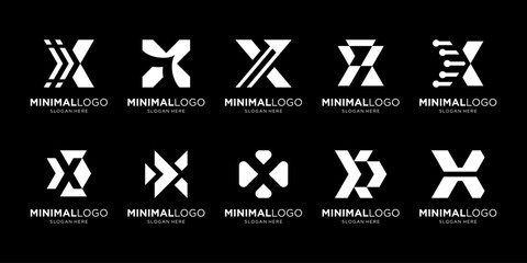 Set of initial letter X with financial arrow business up growth logo design inspiration. Geometric abstract logo icon vector isolated on black background.