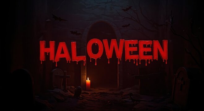 Halloween Atmosphere: An atmospheric depiction of Halloween in a chillingly dark setting, with bats, a lit candle, and a mysterious stone tomb creating an eerie and festive ambiance.