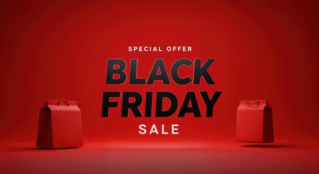 Black Friday Sale: Capturing the essence of anticipation, a vibrant display showcases the Black Friday Sale against a striking red backdrop, highlighted by elegant shopping bag.