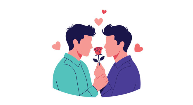 Two loving gay men exchange a red rose, surrounded by floating hearts, symbolizing their romantic relationship and affection.